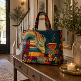 Quilted Tote Bag - Reading Dragon with Books and Mugs