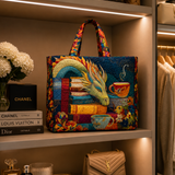 Quilted Tote Bag - Reading Dragon with Books and Mugs
